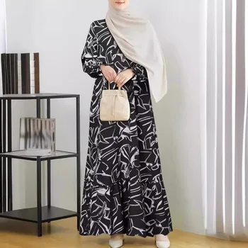 2024 Muslim Women Dress Middle East Fashion Robe Long Sleeve Geometric Print Flounce Abaya 1
