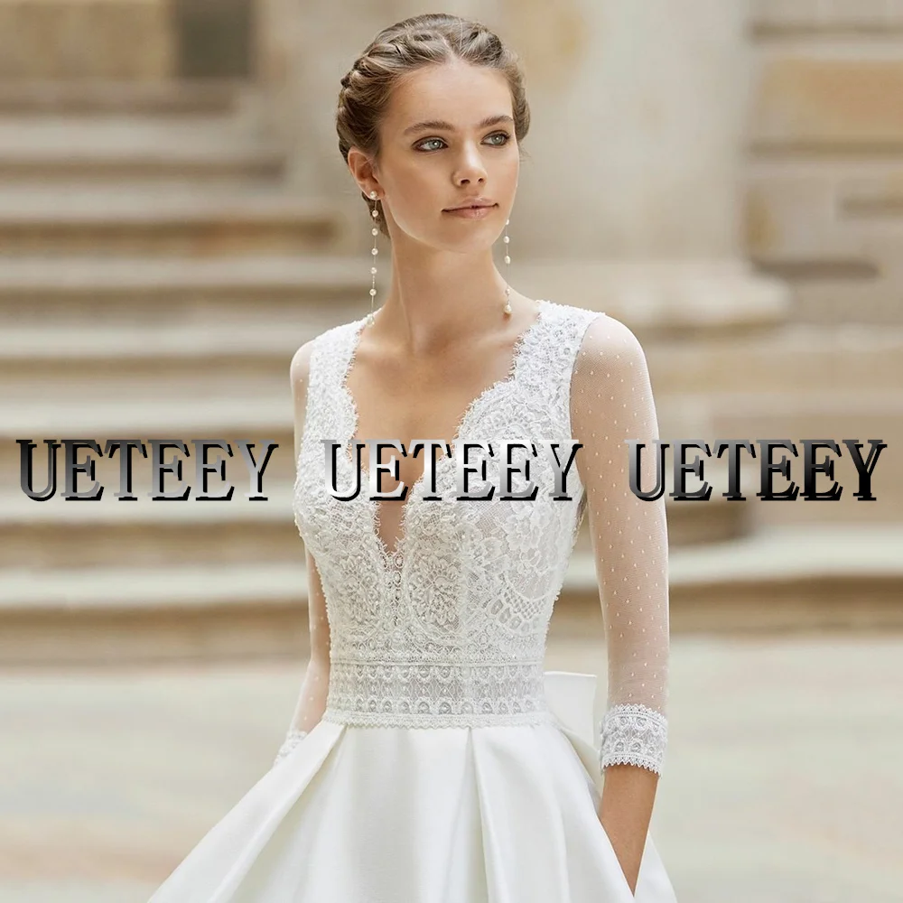 Ueteey a Linha Vestido de Casamento Sexy com Decote em v Vestidos de Noiva Vestido de Noite Renda Superior Cetim Saia Mangas Compridas Trem Varredura 2022 Botões 4 Home & Garden