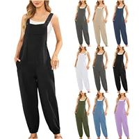Cotton Linen Ladies Bib Pants Suspender Trouser Loose Casual Female Women One-Piece Romper Overalls Wide Leg Jumpsuit Streetwear 1