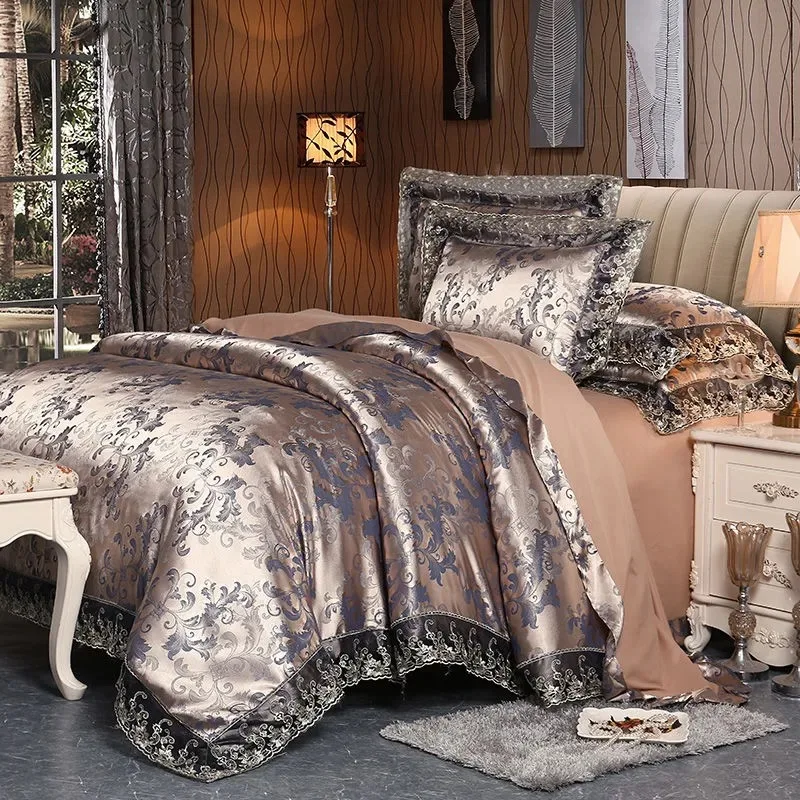 Luxury Jacquard Bedding Set Cotton Duvet Cover Lace Satin Bed Sheet Pillowcases King and Queen Size Bedspread Home Textiles 4PCs