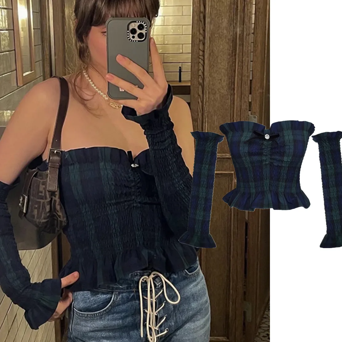 

Withered Ins Fashion Blogger High Street Green Plaid Checked Off Shoulder Sexy Short Tops Retro Shirt Summer Blouse Women