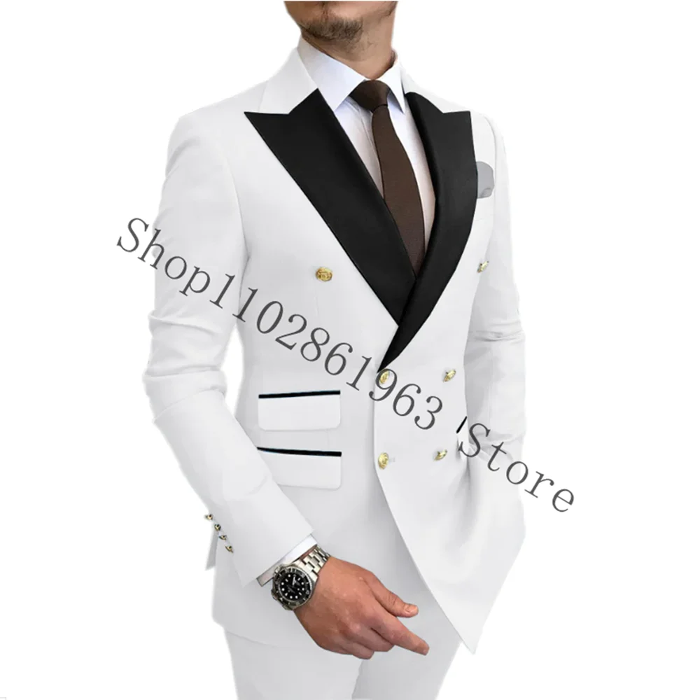 White Double Breasted Men Suits 2 Pieces Peaked Lapel Slim Fit Wedding Groom Tuxedos Men Blazer Jacket Costume Homme Mariage