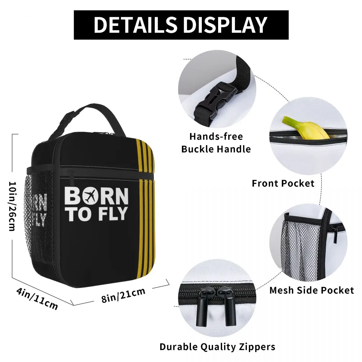 Flight Pilot Lunch Boxes Aviation Airplane Cooler Thermal Food Insulated Lunch Bag Born To Fly Captain Stripes Multifunction