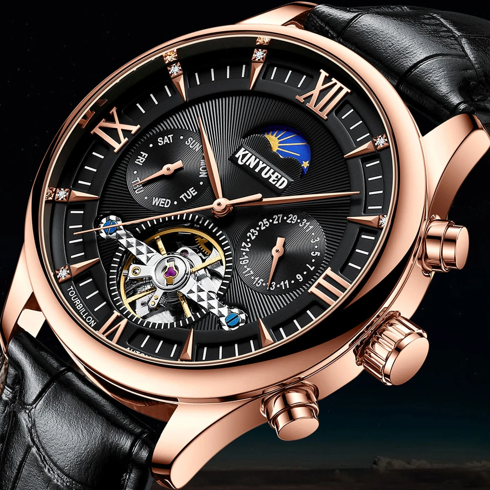 KINYUED Brandneue mechanische Mondphasenuhr für Herren, hohle Tourbillon-Uhren, Wochendatum, Herrenuhr, wasserdicht, automatische Uhren_voghion.com