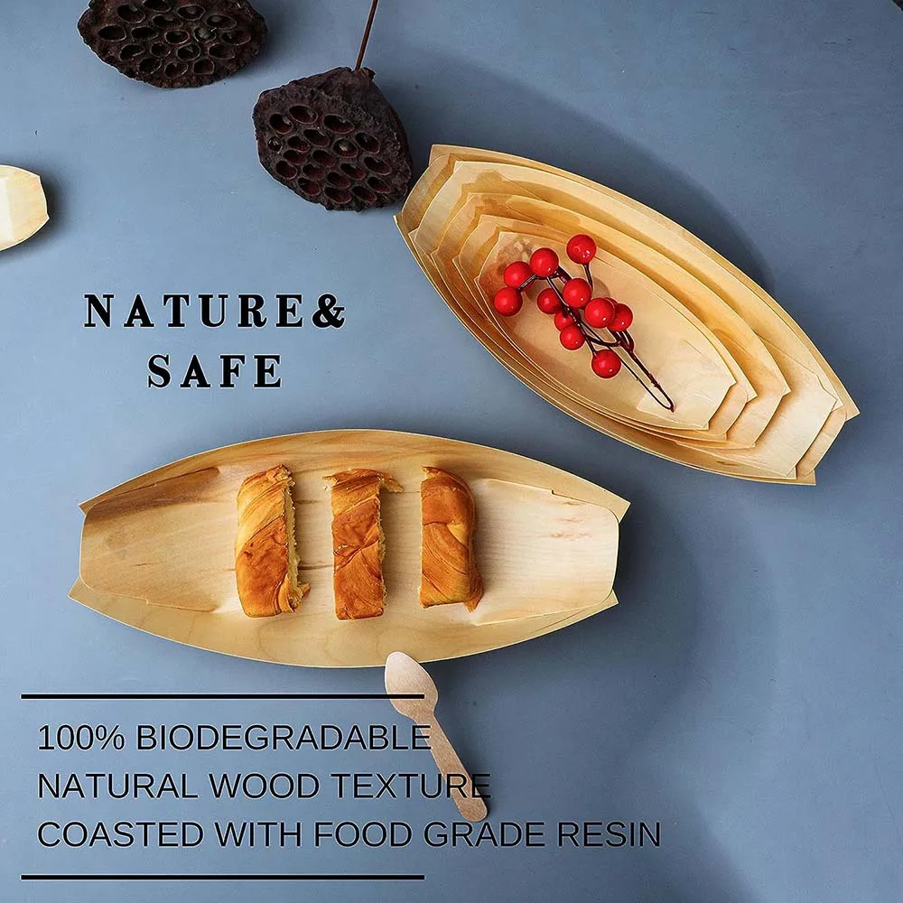 Party Tableware Disposable Food Trays Disposable Wood Boat Plates Dishes 100% Compostable And Biodegradable Eco Friendly Party Plates