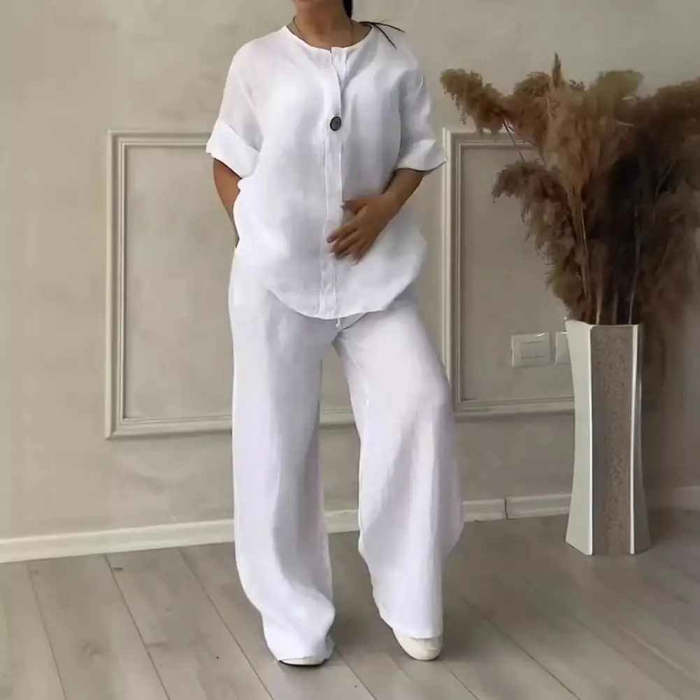 V-neck Long Sleeve Button Top Wide Leg Elastic Waistband Elastic Waistband OL Commuter Casual Suit