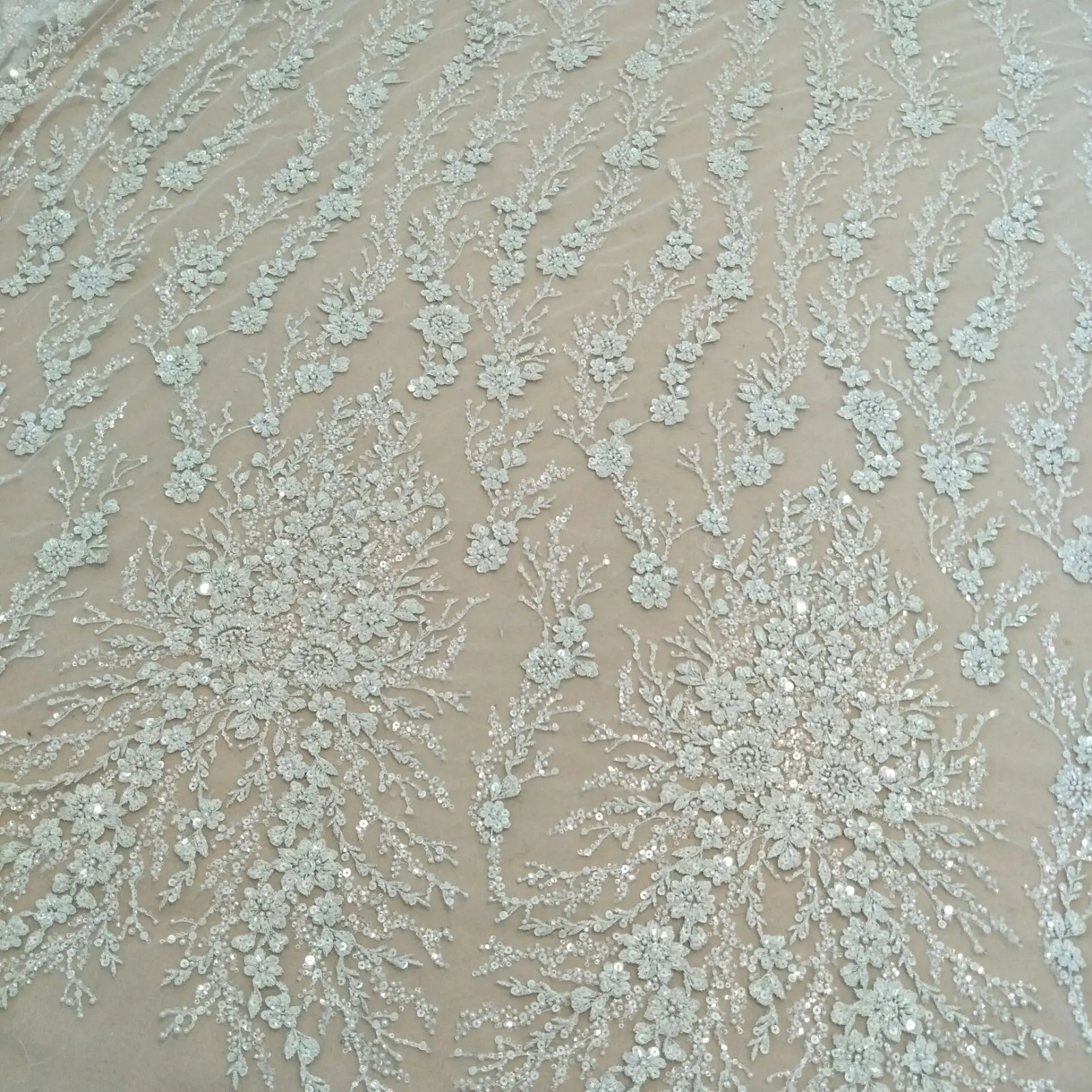 Off white Silver line Lace Fabric with beads and sequins for Wedding Dress DIY Children's Clothing Width 130cm lace fabric