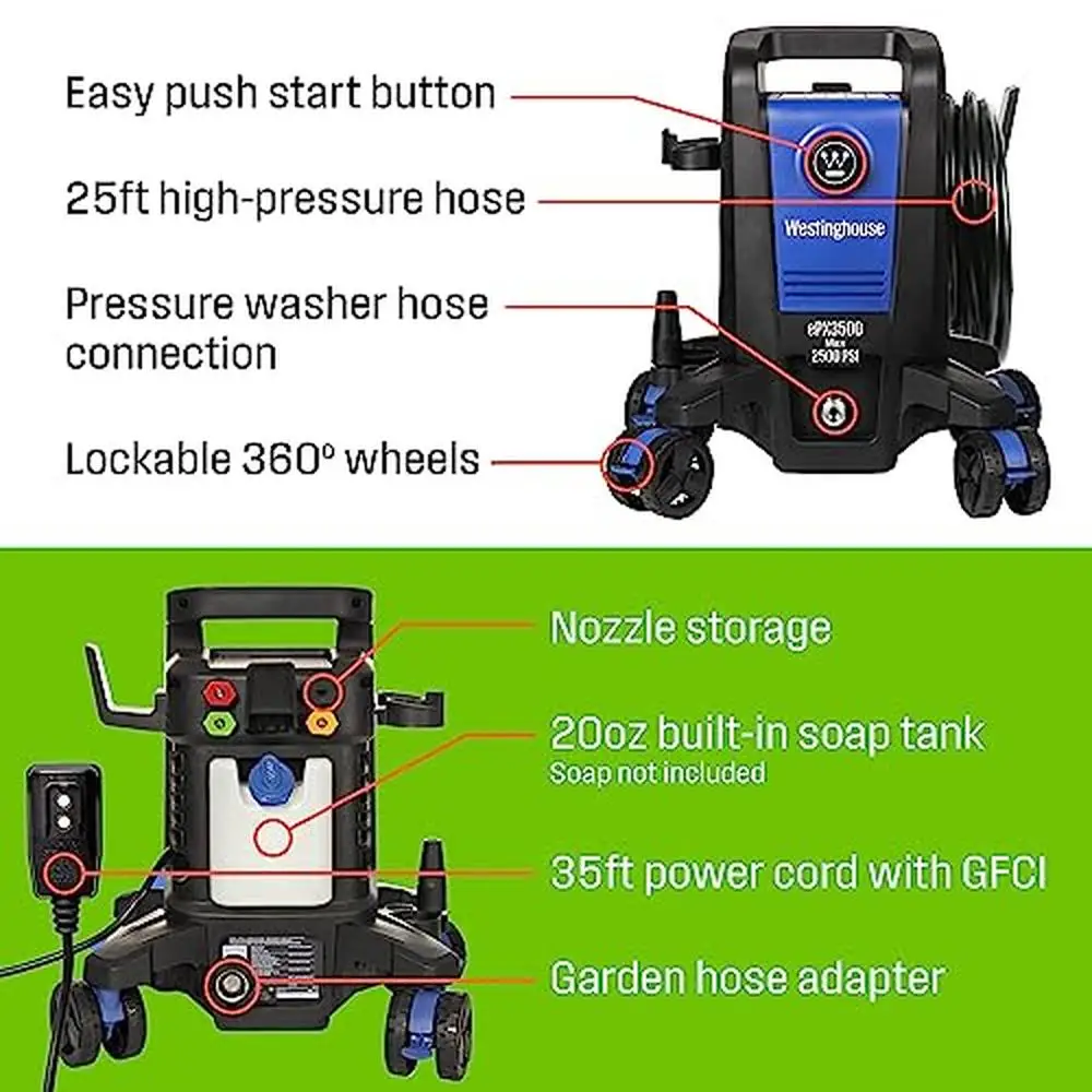 Electric Pressure Washer 2500 PSI 1.76 GPM Anti-Tipping Technology Soap Tank Pro-Style Wand 360&deg; Steering Design Lightweight high pressure washer
