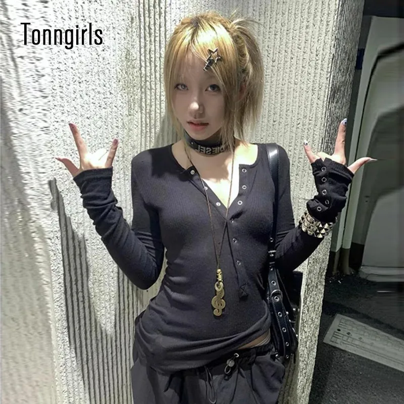 Tonngirls Y2k Japanese T Shirt Women Lace Long Sleeve Print Graphic Tops Streetwear American Retro 90s Crop Tops Autumn Tshirts 1