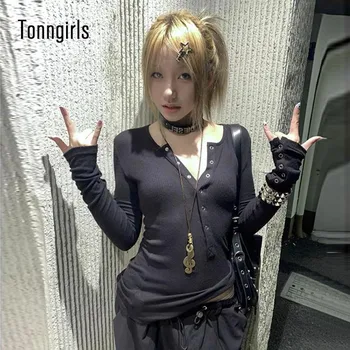 Tonngirls Y2k Japanese T Shirt Women Lace Long Sleeve Print Graphic Tops Streetwear American Retro 90s Crop Tops Autumn Tshirts 1