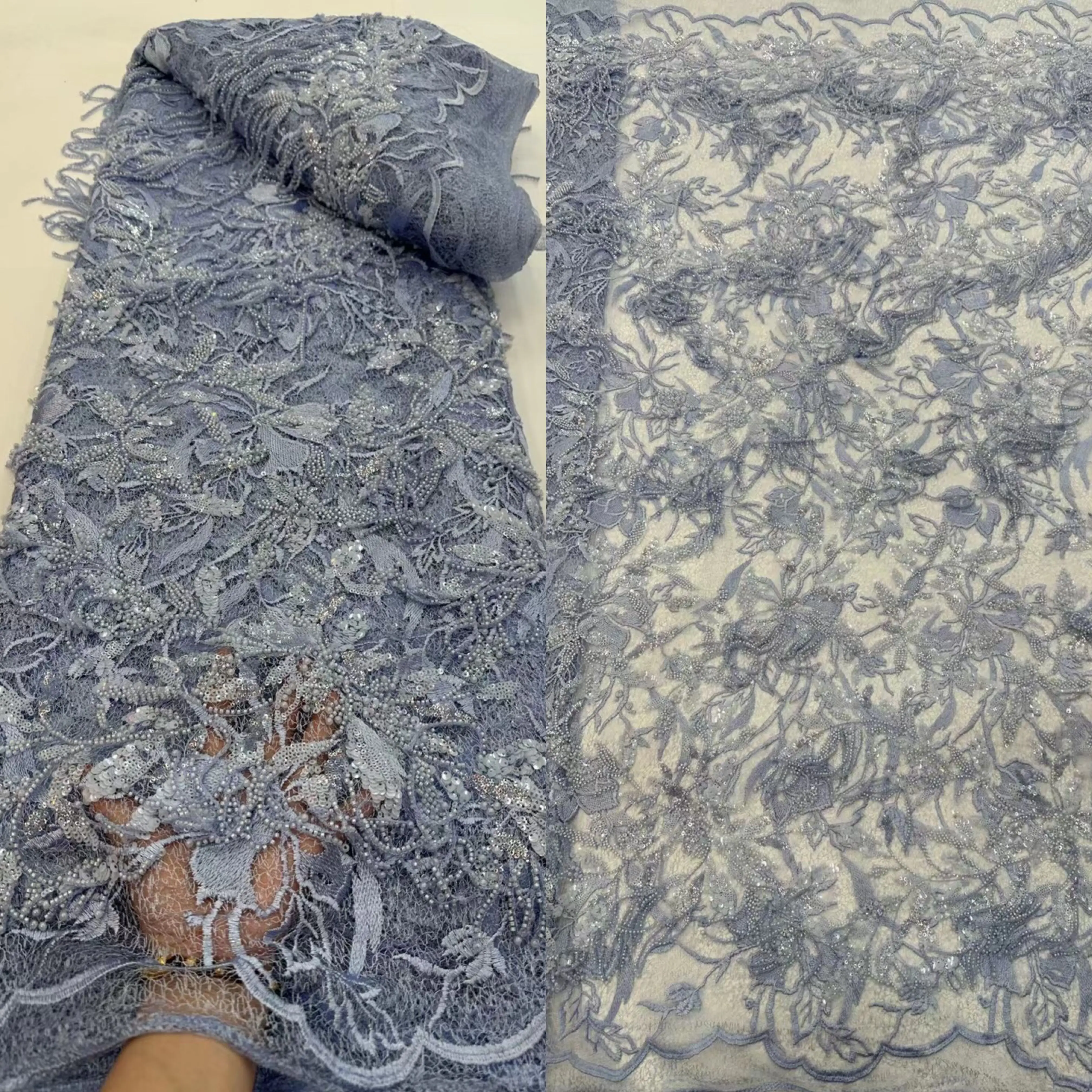 

African beads Lace Fabric High Quality French Mesh Tulle Embroidery SYJ-13029110 Sequins Net Lace For Sewing Wedding Dress