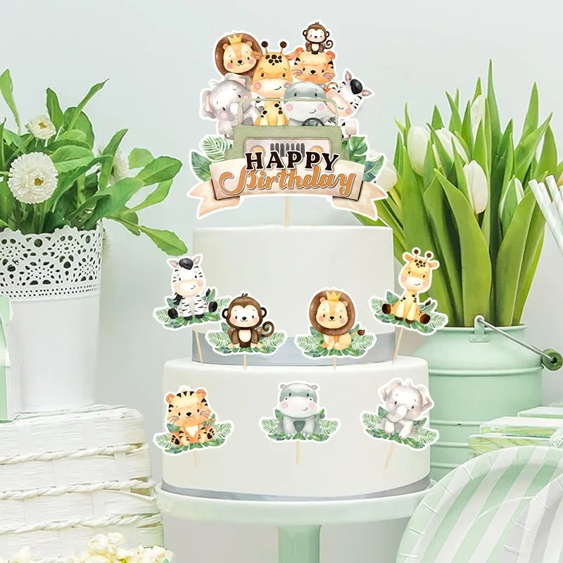 Dschungeltier Alles Gute zum Geburtstag Kuchendeckel Geburtstagstorte Dekorationen für Tierthema Dschungel Geburtstag Babyparty Partyzubehör – Detail 11