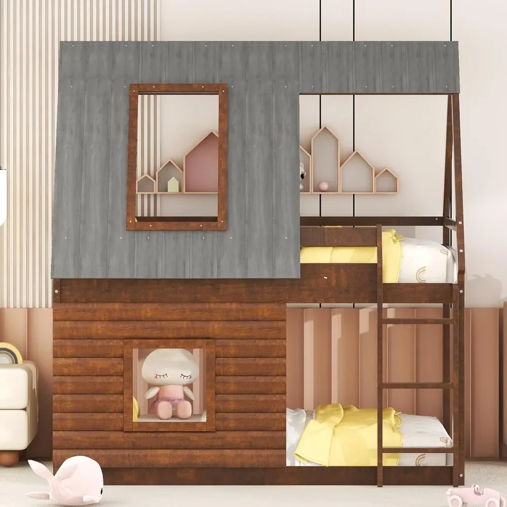 Twin Over Twin House Bunk Bed with Roof and Built-in Ladder Low Bunk Beds for Kids Teens  Toddler  Bunk Beds for Kids 3