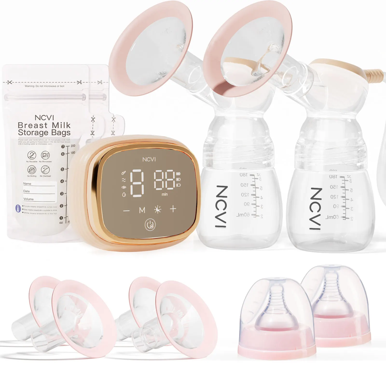 

NCVI Double Electric Breast Pumps 4 Modes 9 Levels Extra Large Battery 4 Size Flanges 6 Nursing Dads 10 Breastmilk Storage Bags