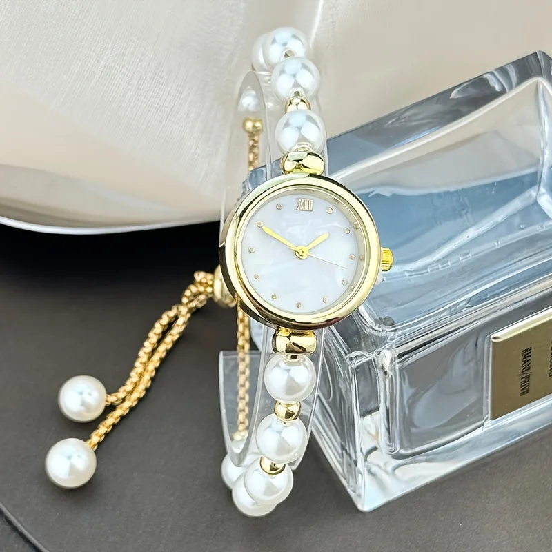 1pc Elegant Adjustable Pull-Out Alloy Strap with Imitation Pearl ,Comfortable Round Alloy Case Quartz Wrist Watch for Women 3