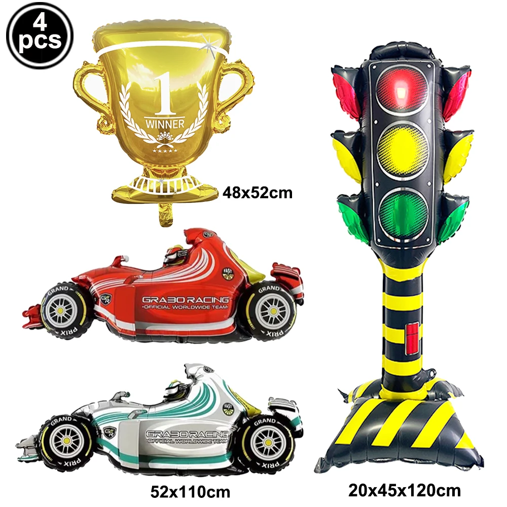 Race-Themed Birthday Party Decoration Set - Balloons, Traffic Cones, Checkered Flags, and Racing Wheel Foil Balloon