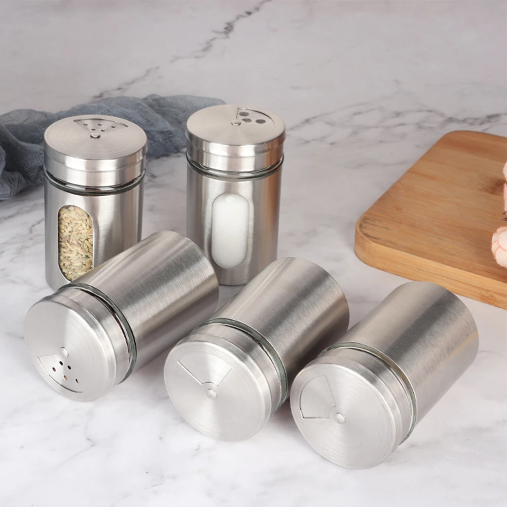 Stainless Steel Spice Seasoning Jar Built in Glass Bottle Rotating Cover Three Types of Perforation Methods: Large, Medium, And 4