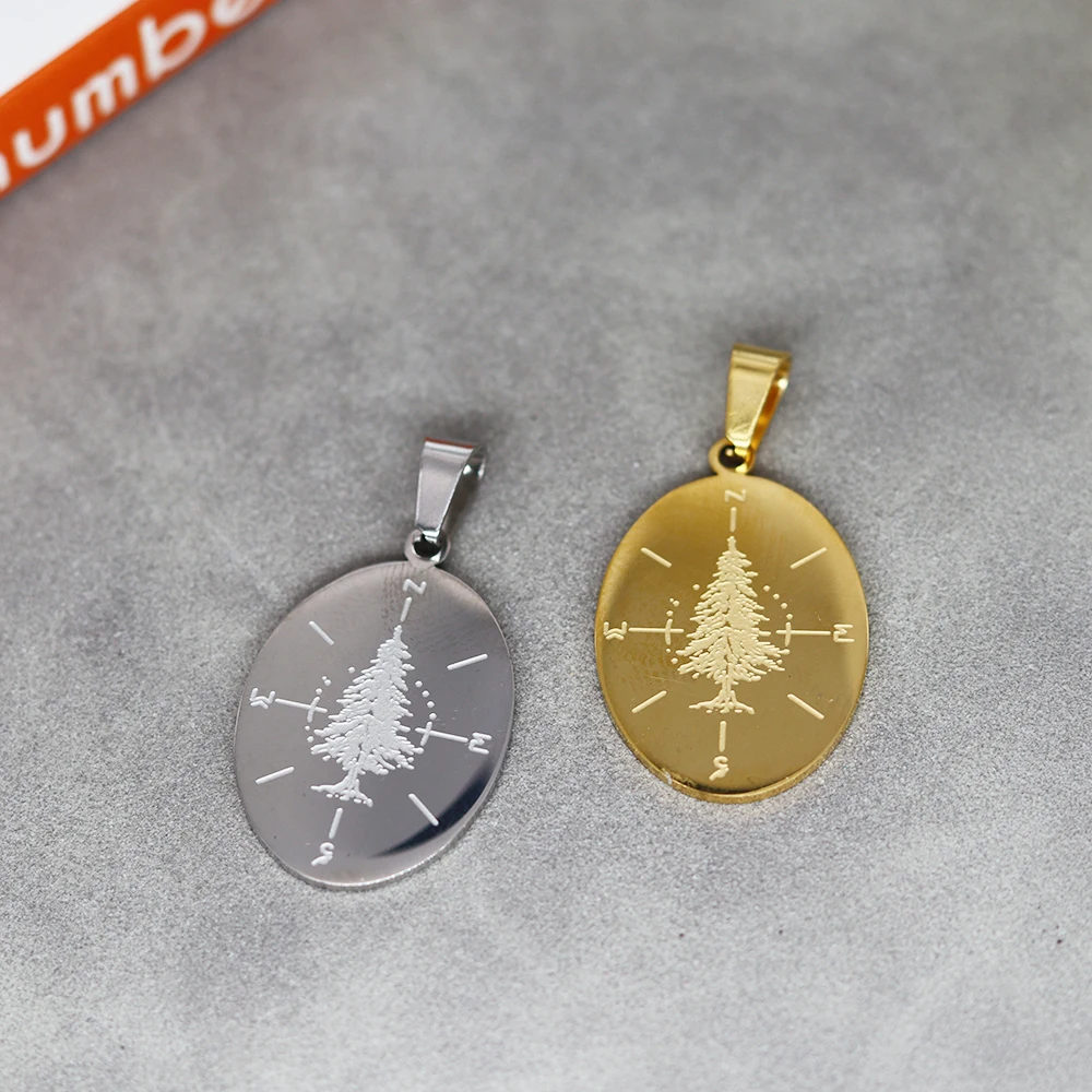 

2pcs/lot Stainless Steel Oval Pendant Compass Christmas Tree Pattern Fashion DIY Jewelry Making Men Women Punk Necklace Craft