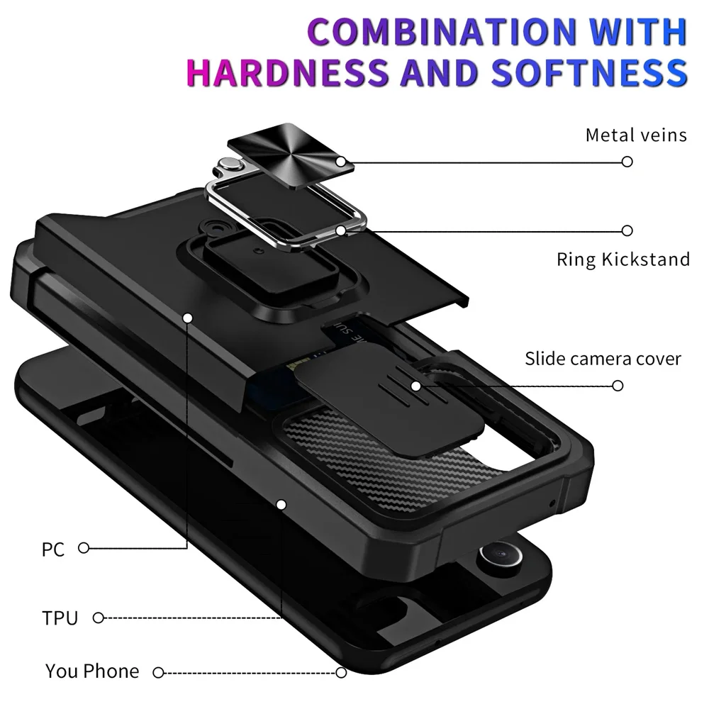 Premium Card Holder Case with Ring Stand & Rotating Slide Camera Lens - Military Armor Design