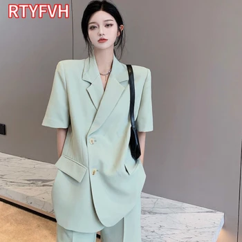 여성용 루즈한 얇은 정장 코트 반바지 투피스, 한국 우아한 캐주얼 바지 매칭 세트, 여름 블레이저 세트, 2023 신상 패션