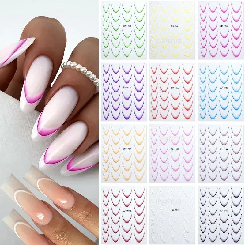 Nail Stickers Nail Art Tools Gradient Color Line Design French Manicure Self-adhesive Tips Guides 12Colors