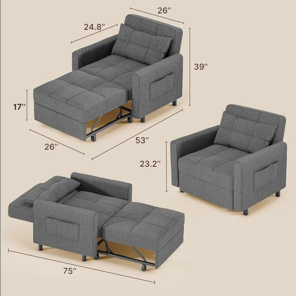 Convertible 3-in-1 Sofa Bed Chair, Pullout Single Sleeper with Adjustable Backrest, Spacious Multifunctional Furniture for Comfo