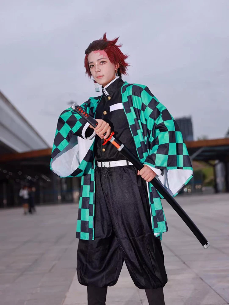 Anime Demon Slayer Kamado Tanjirou Cosplay Costume Kimetsu No Yaiba Clothes Halloween Party Adult Kid Wig Mask Kimono Uniform