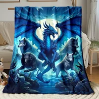 Dragon and Wolves Scene HD Printed Blanket, Soft and Warm Flannel Blanket for Travel, Camping, Sofa, Living Room, Couch, Chair, 4