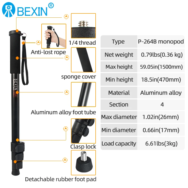 Bexin-professional Telescópica Portátil Leve Câmera Tripé Adaptador de Montagem Monopé para Nikon Dslr Telefone - Image 5