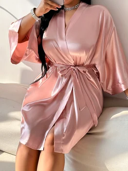 رداء حمام صيفي كاجوال ومثير مقاس كبير ملابس منزلية بيجامات نسائية أنيقة بلون سادة 6