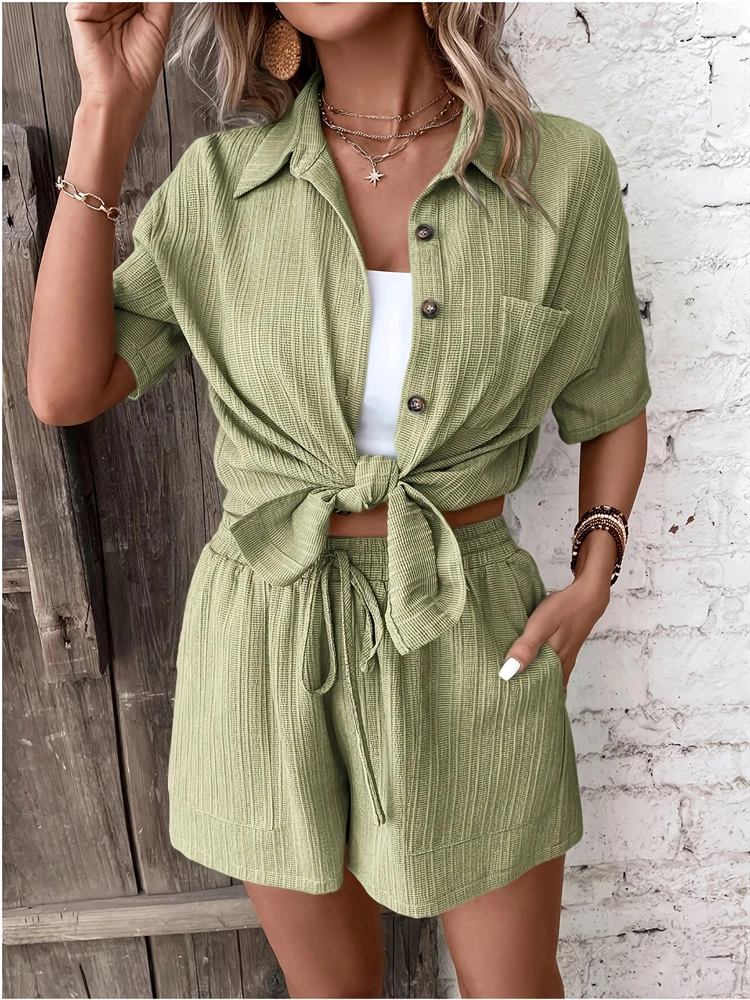 Women's Fashion Solid Colour Suit Beach Style Seaside Holiday Top Cardigan Young Vibrant Casual Shorts Suit