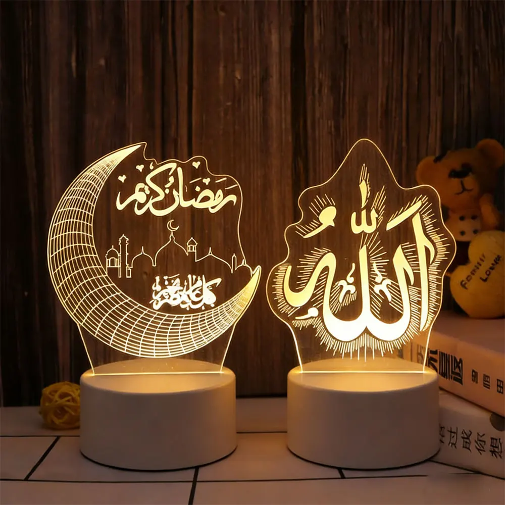 LED Night Light with 3D Moon Castle Design - Acrylic Eid Mubarak Ornament for Holiday and Festival Decor