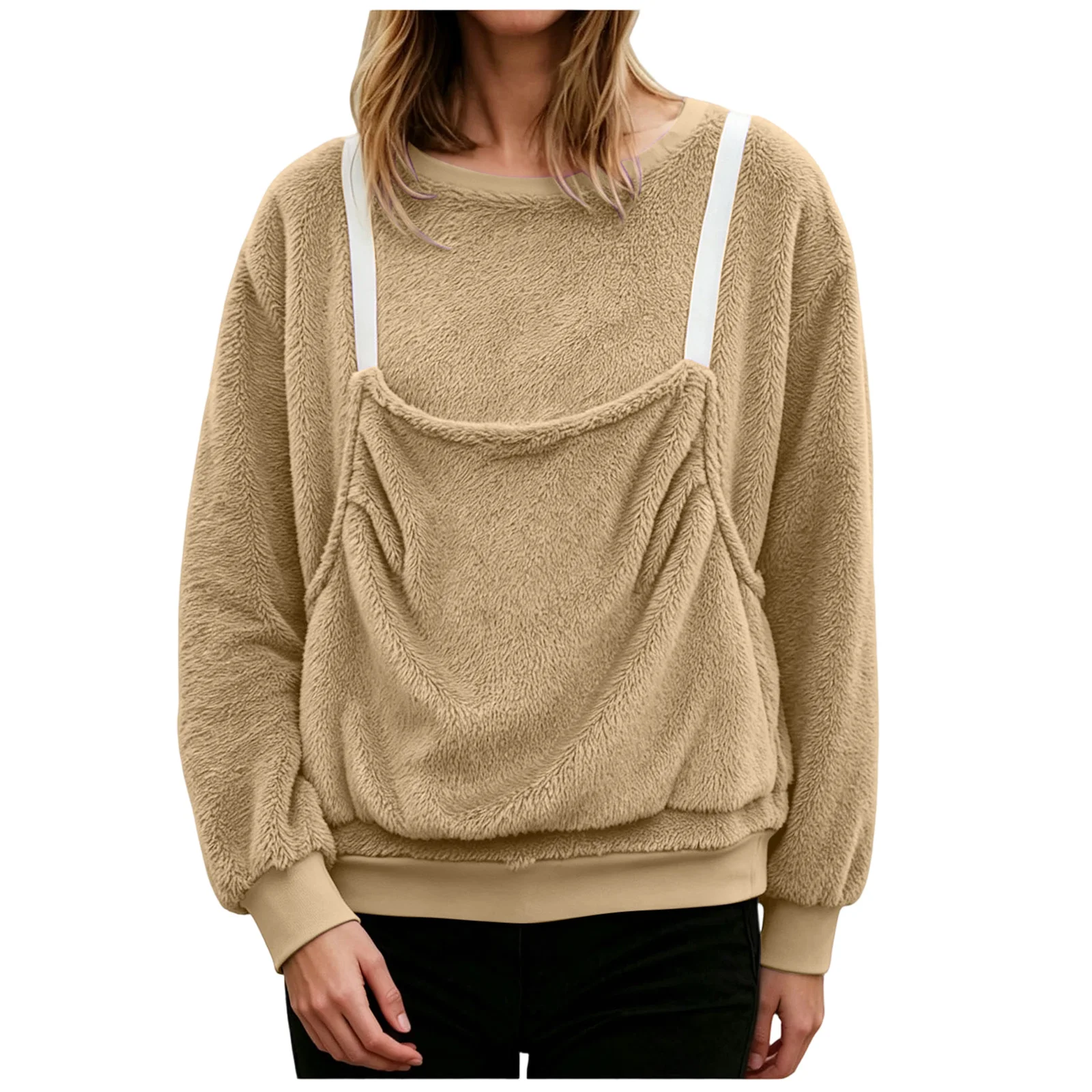 Women Fall And Winter Casual Plush Solid Color Pet Pocket Crew Neck Hoodless Sweatshirt Funny Jogging Suits Women Petite