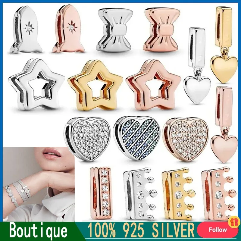 

New Women's Original Logo Bracelet with% 925 Sterling Silver Heart Butterfly Fixed Clip Fashion DIY Charm Jewelry Gift