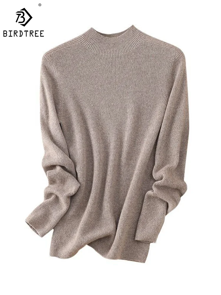 

Birdtree 100%Pure Cashmere Basic Elegant Top Mock Neck Long Sleeve Stripe Bottom Warm Women Sweater Winter New Knitwear T3D144QM