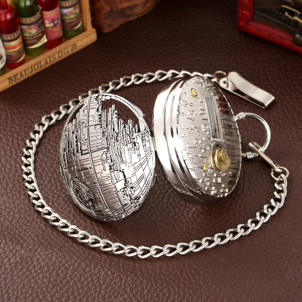 Fashion Silver Melody Musical Pocket Watch Spaceship Dial Design Half Hunter Quartz Music Pocket Chain Clock Gifts for Men Women