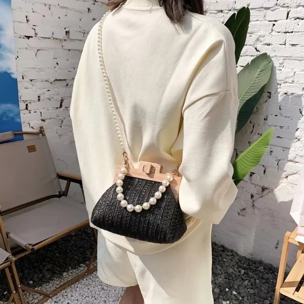 Nice Pearl Chain Straw Bag Women Hand-Woven Handbags Women Summer Wooden Rattan Shoulder Bag Brand Luxury Crossbody Bag