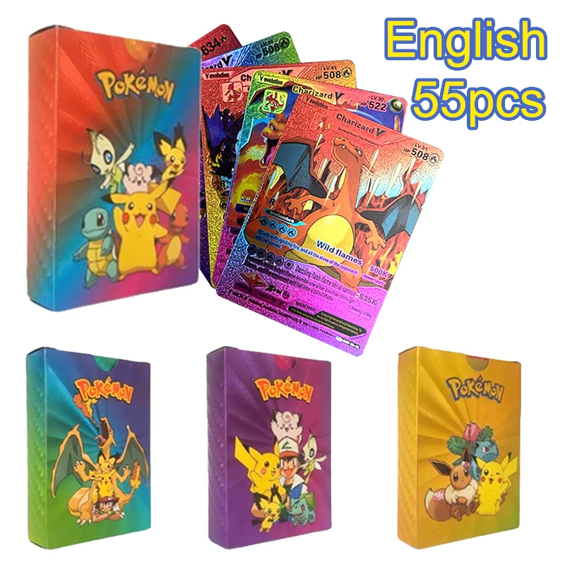 

55pcs Pokemon Pikachu Colourful Shining Cards Anime PVC Mewtwo Charizard Battle Game English Trainer For Kids Gifts Accessories
