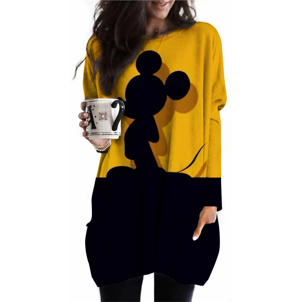 Camiseta de mujer nueva de primavera y otoño tallas S-3XL grande color sólido manga larga suelta Disney Mickey Mouse Casual Harajuku cintura T-sh