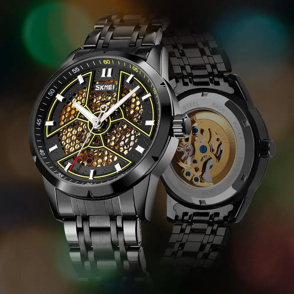 SKMEI Fashion Hollow out Automatic Mechanical Watch Honeycomb Mesh Pointer Men's Alloy Business Stainless Steel Watch