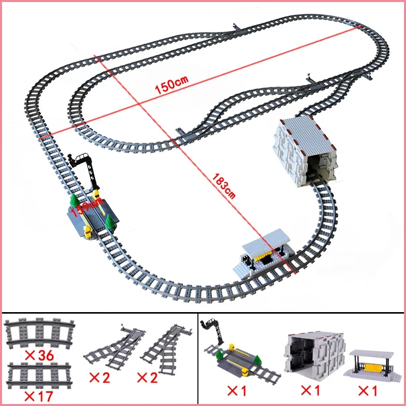 City Train Station Platform Traffic Light Cave Flyover Tracks Straight Curved Rails Building Block Bricks Technican Creative Toy 3