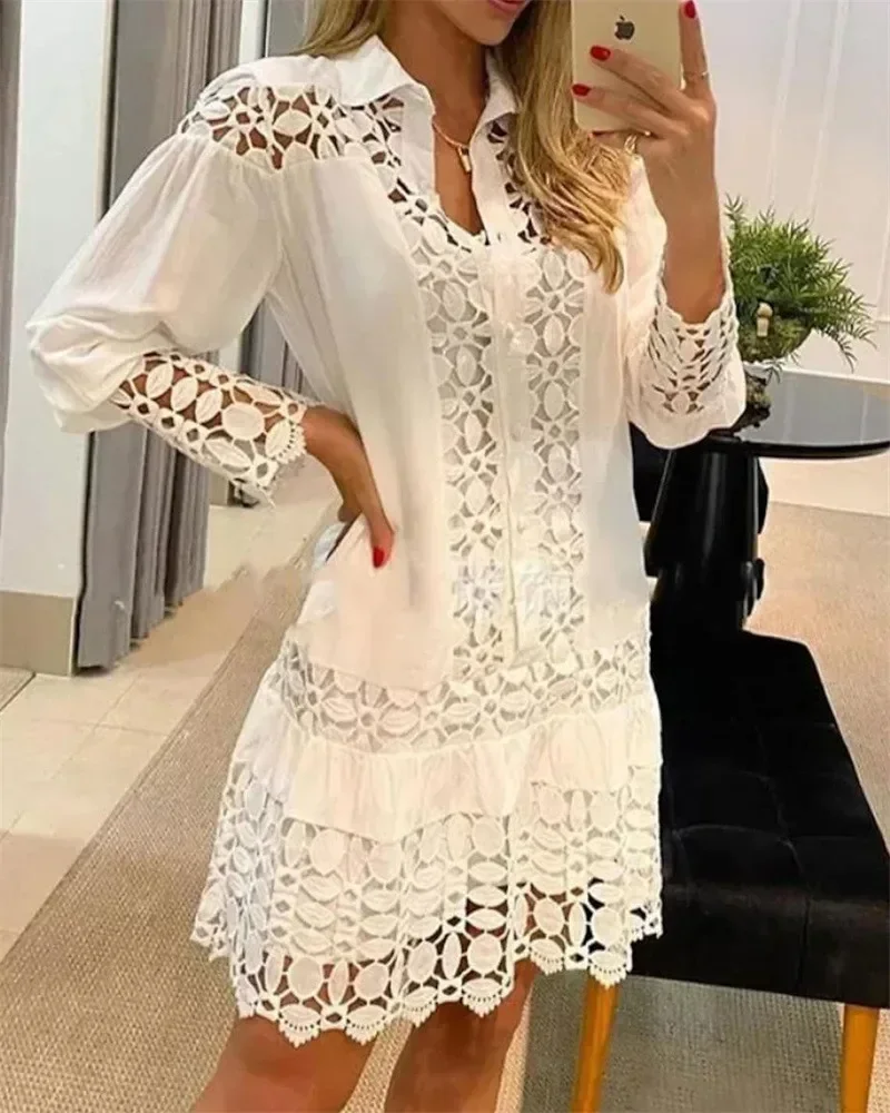 

2024 New Spring Shirt Dress Guipure Lace Patch with Cami Dresses Women White Wedding Hollow Out Loose Y2k Party Holiday Vestido