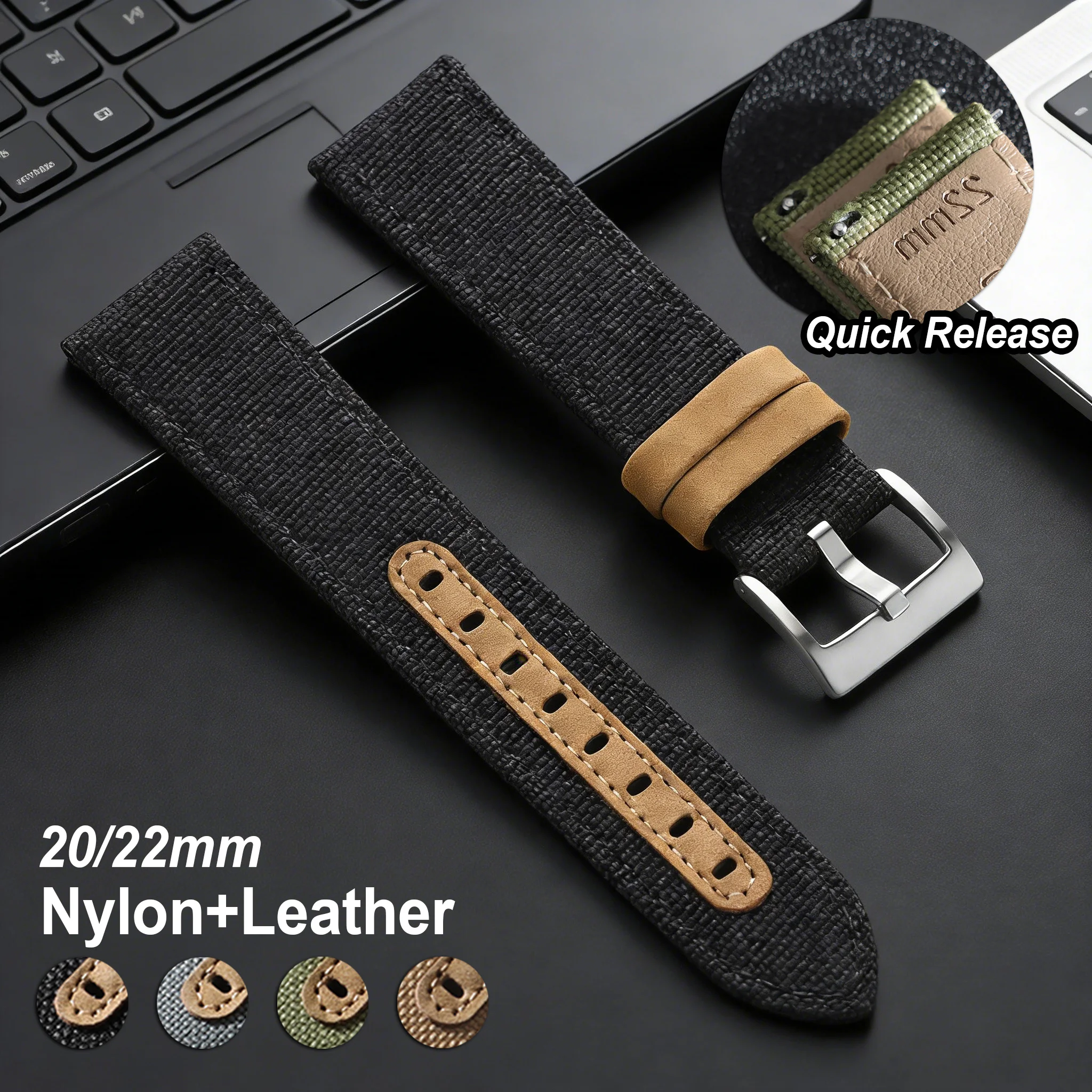High-Quality Canvas Leather Watch Strap – 20mm/22mm Quick Release Nylon Leather Band
