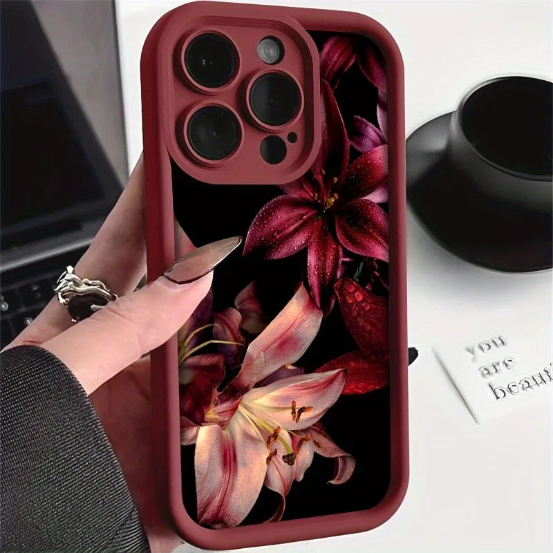 Luxury Dark-Themed Wine Red Phone Case with Water Droplet Lily Design