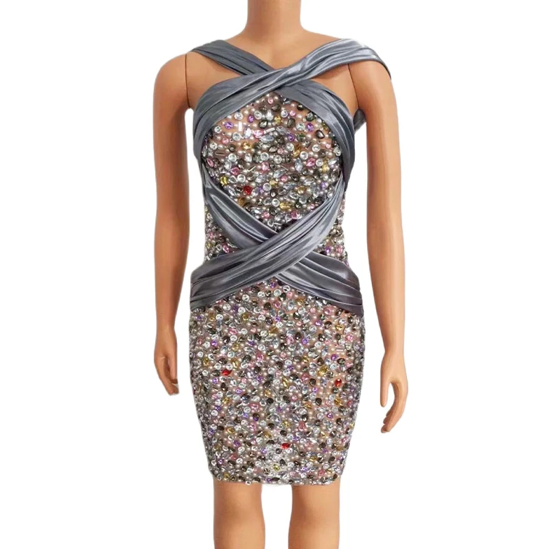 

Sexy Sparkly Multi-color Rhinestones Bandage Short Dress Evening Birthday Prom Party Dress Women Dancer Crystal Host Costume