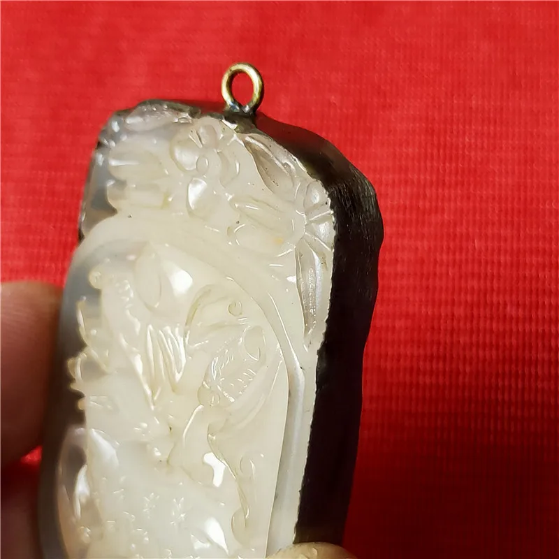 Handicraft old silver bag jade hollow deer white jade brand patina