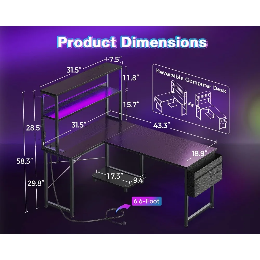 L Shaped Desk Gaming Desk with LED Light & Power Outlet, 43 Inch Reversible L Shaped Computer Table with Shelf, Corner Desk wit