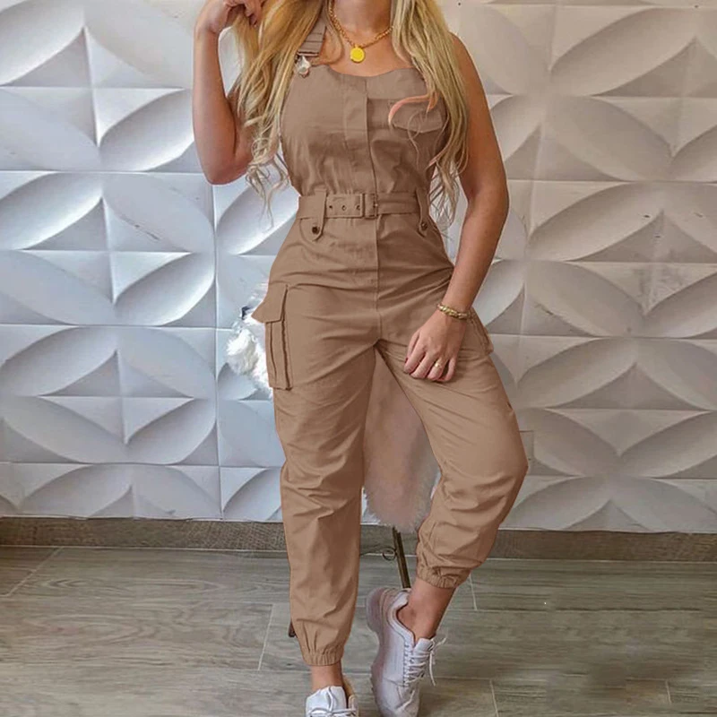 2023 Yellow Jumpsuits Women Casual Cargo Playsuit Sleeveless O Neck Jumpsuit With Pocket Belt Elegant Pencil Pants Slim Overalls