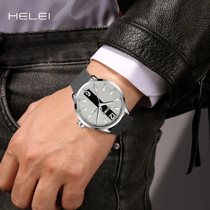 HELEI2024 Business Men's Quartz Watch 2024 Fashion Simple Silicone Waterproof Men's Watch Date Display Innovative Design Dial
