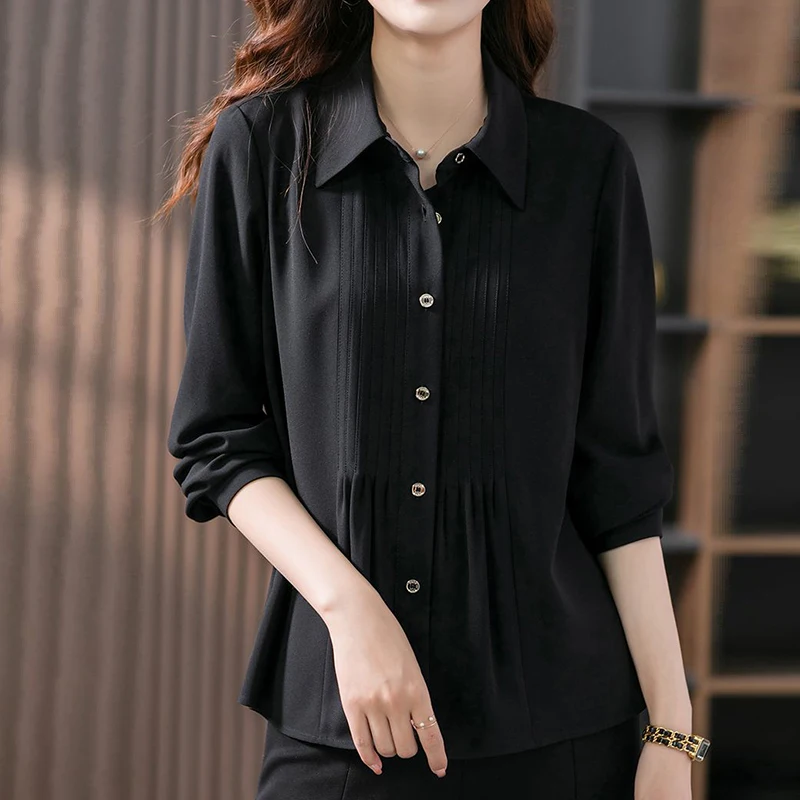 Spring Autumn Oversized Polo-neck Loose Casual Pleated Shirt Female Long Sleeve Buttons Black Top Women All-match Waist Blouse qian han zi designer high end custom fashion dress women long sleeve buttons belt slim fit with pleated elegant midi dress